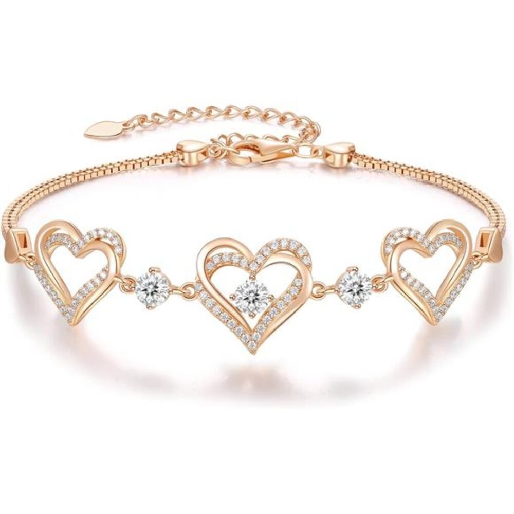 925 Sterling Silver Heart Link Bracelet Birthstone Love Charm Gift Womens